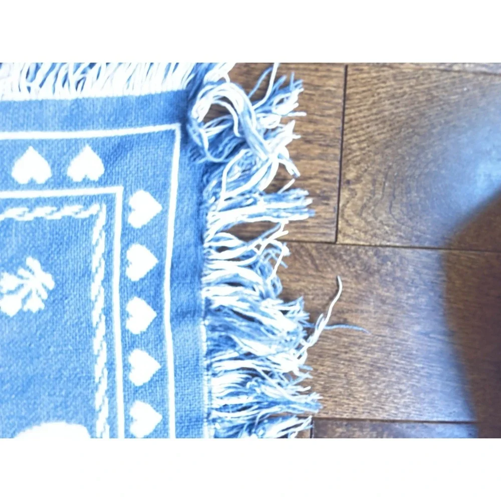Vintage Woven Decorative Throw Blanket Blue White Cat Heart Motif 90s Grandma